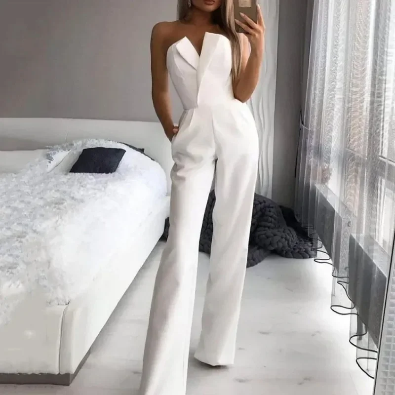 2024 Summer Long Rompers Women Jumpsuit Elegant Strapless Summer Sleeveless Wide Leg Club Party Outfits Work White Overalls