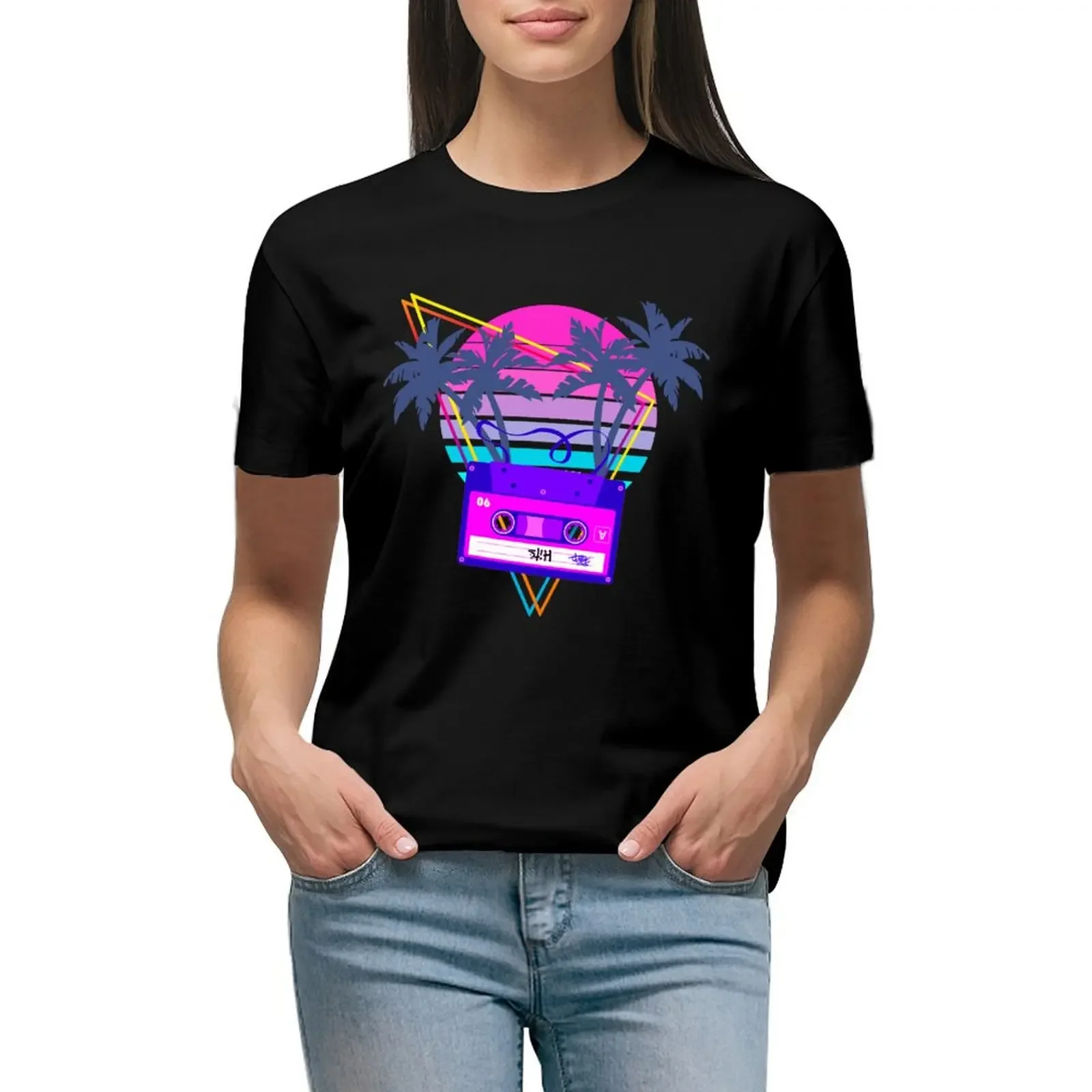 90s Vaporwave Sunset Cassette Tape in Outrun Synthwave style design T-Shirt female cute tops western t shirts for Women