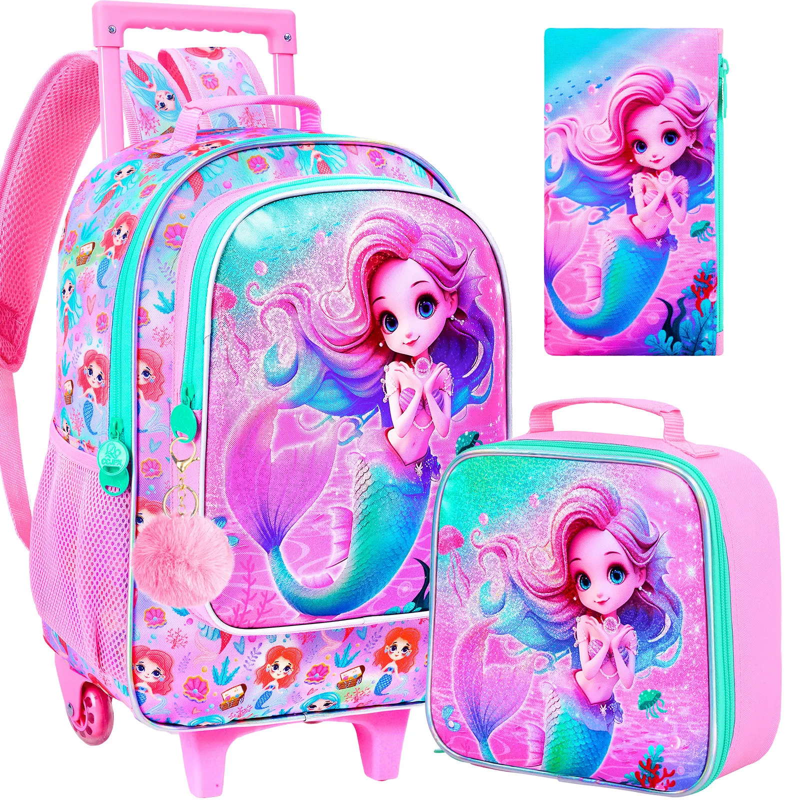 

4PCS Girls Rolling Backpack, Cute Kids Mermaid Wheeled BookbagRoller School Bag with Wheels for Elementary Preschool Travel