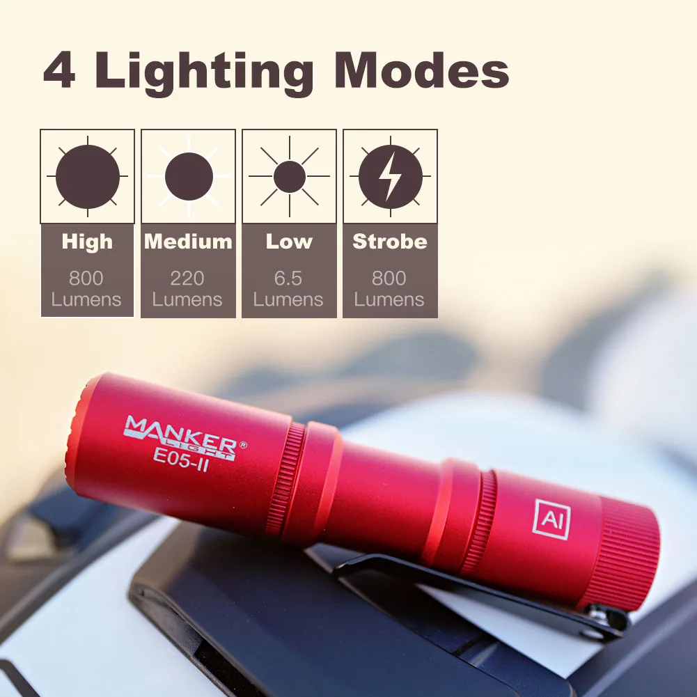 

Manker E05 II (Al-red, High CRI Version, 4000K R9080) Compact EDC Flashlight, 519A LED 1300 Lumens, 14500 or AA Battery