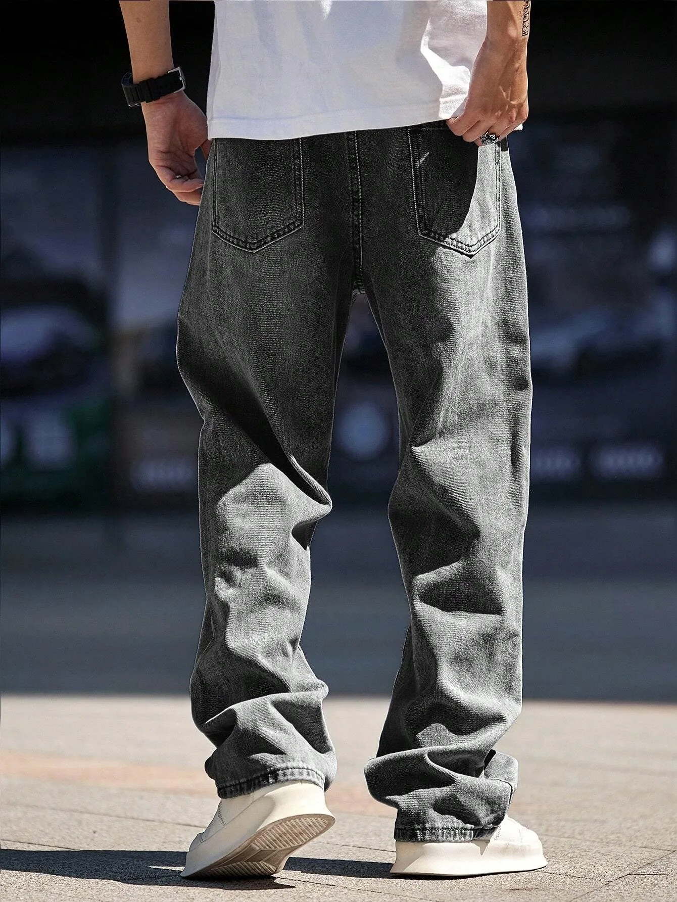Men's straight-leg tight grey jeans, American street style hip-hop design, suitable for daily wear