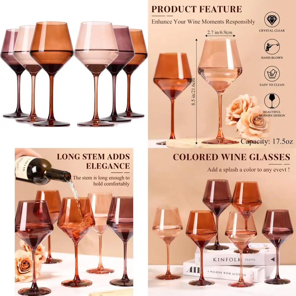 

Handcrafted Amber Melanin Colored Wine Glasses Set of 6, 17.5 oz, Tall Stems, Elegant Brown Tinted Glassware for Sophisticated D