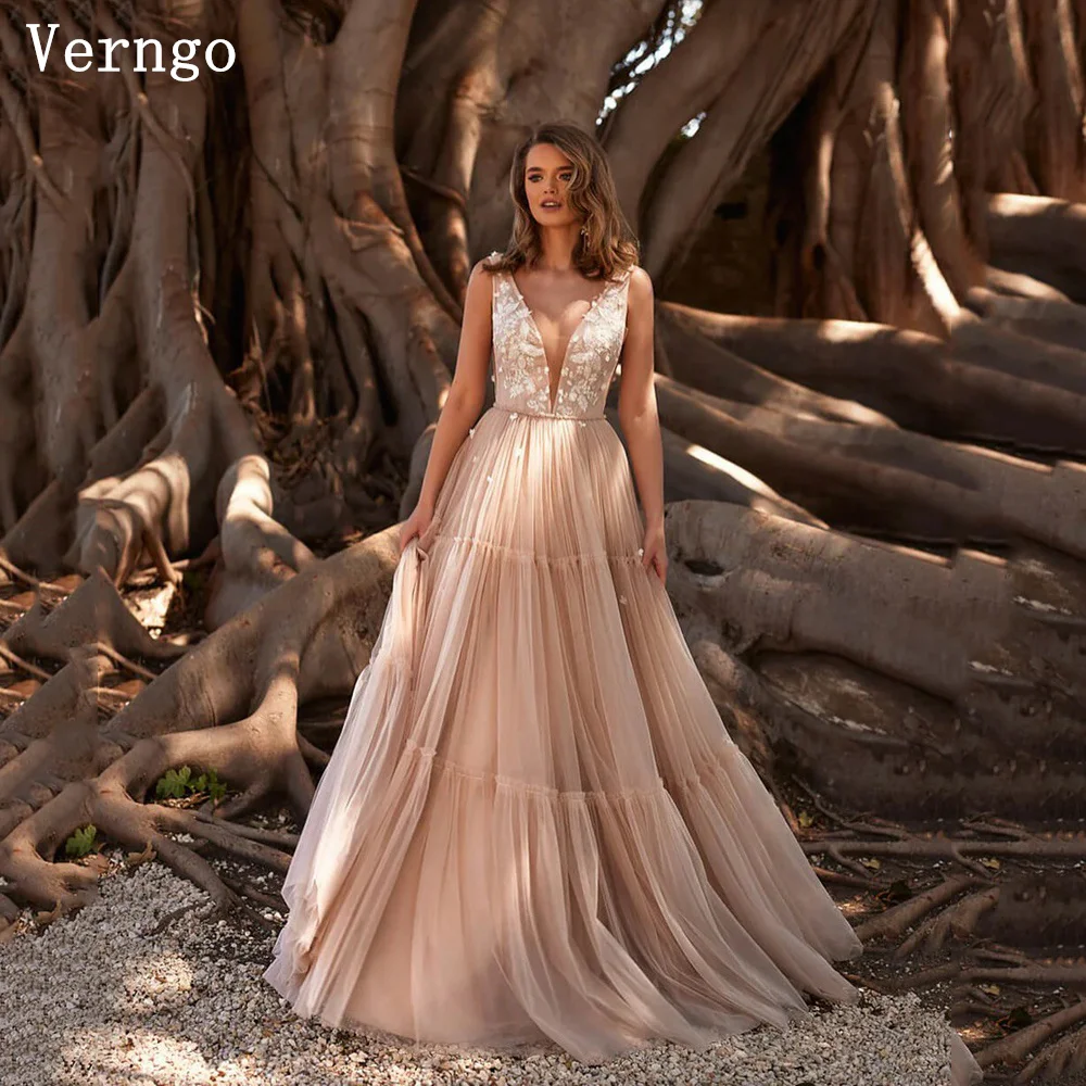 

Verngo Elegant Appliques Tulle Wedding Dress V Neck Sleeveless A Line Bridal Gowns Women Modern Prom Birde Dresses Customized