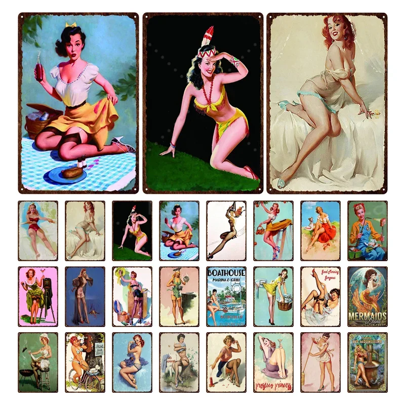 Iron Painting Elegant Pin Up Girl Retro Posters Tin Sign Metal Sign Decor Wall Women Portrait Bar Pub Club Man Cave Pictures