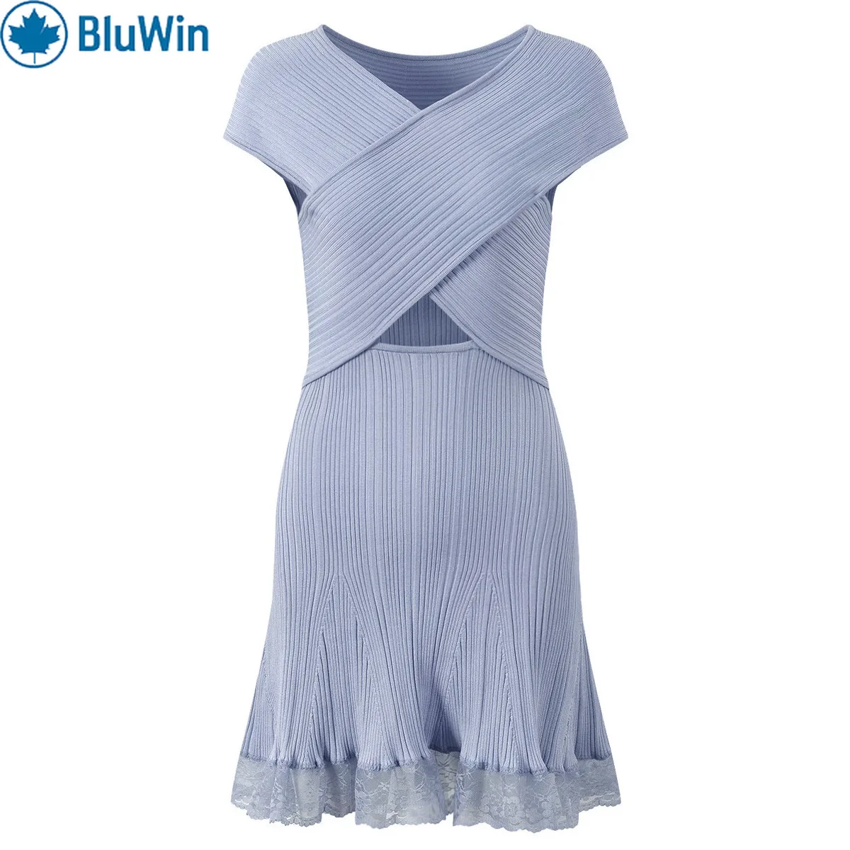 

BluWin New Arrival Lace Trim Mini Dress Women Sleeveless Round Neck Slim Fit Elegant Socialite Style