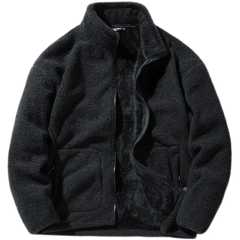 Winter Fleece Jackets Men Solid Color Loose Casual Warm Coat Mens Stand Collar Outerwear Jacket Harajuku Streetwear Plus Size
