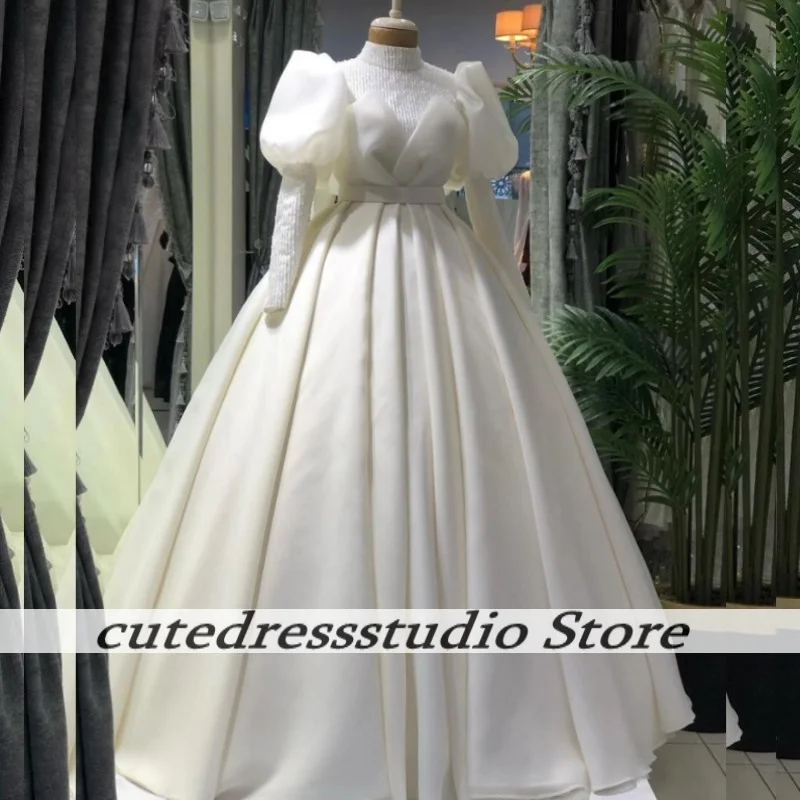 Muslim Style High Neck Wedding Dresses With Puff Sleeves Exquisite Beaded Ball Gown Bridal Dress Arabic Females Customized