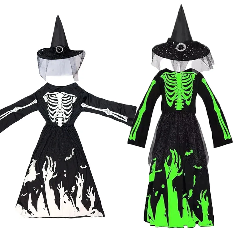 

COSda@Halloween Skeleton Costumes Dresses Hats Kids Zombie Spooky Horror Glow In The Dark Dress Cap Day of The Dead Rave Party C