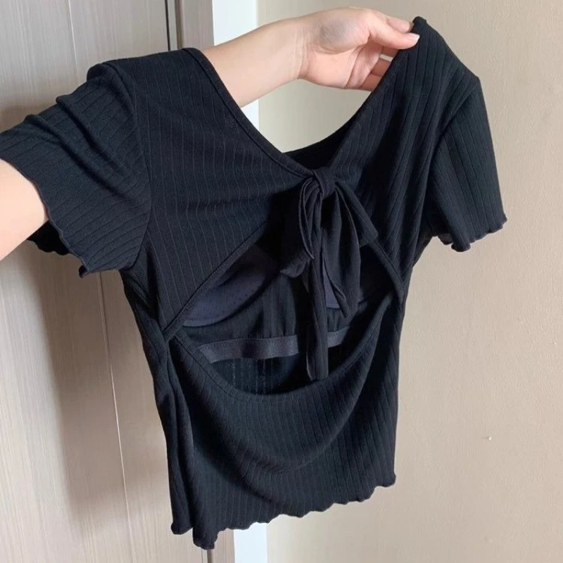 Summer Fashionable Bow Tie Chest Cushion Slimming Short Top Niche Design with Hollowed Out Back Short Sleeved T-shirt for Women