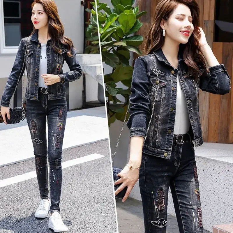 Retro denim top and pants set, spring and autumn new Korean casual couple outfit