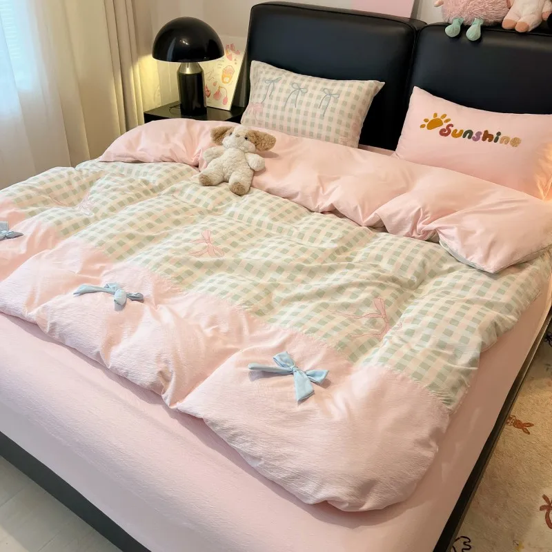 juego-de-ropa-de-cama-de-3-4-piezas-sabanas-completas-100-algodon-funda-de-edredon-a-cuadros-rosa-con-lazo-ropa-de-cama-de-princesa-para-las-cuatro-estaciones