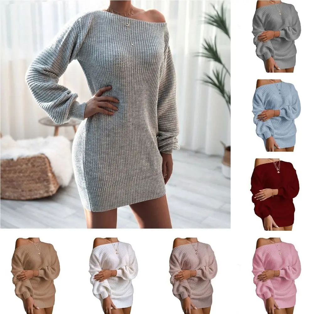 

Fashion Solid Color Off Shoulder Sweater Dress Ribbed Soft Women's Sweater Pullovers Long Sleeve Chunky Loose Knit Dress Winter