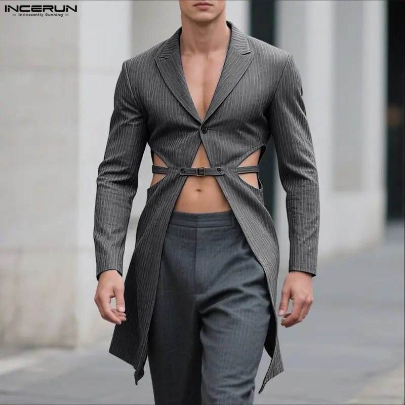 

INCERUN мужской полосатый пиджак с лацканами и длинными рукавами, ажурный мужской костюм, уличная одежда, модный повседневный длинный стильный пиджак 2025, тонкие пальто