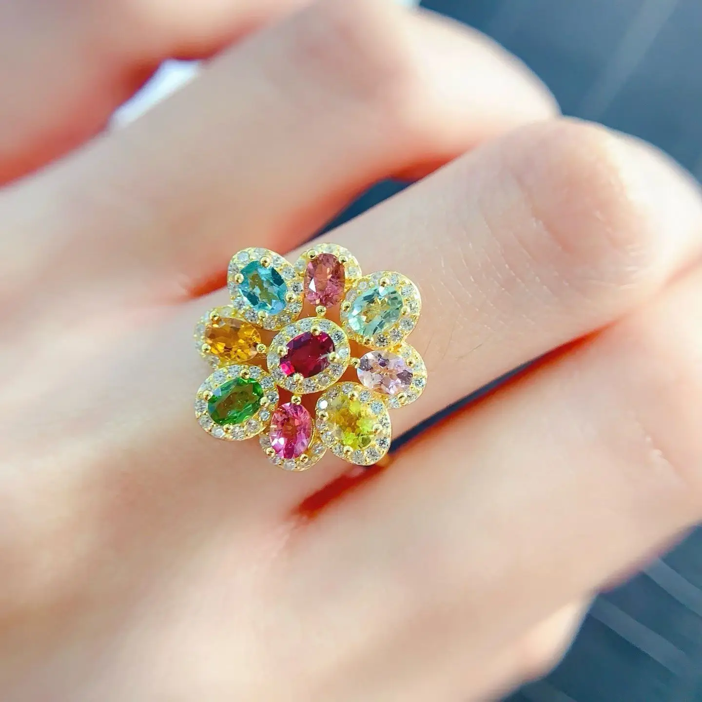 925 Silver Natural Tourmaline Ring with Certificate 4x3mm Oval Cut Rainbow Color Tourmaline Ring Flower Design Fine Jewelry