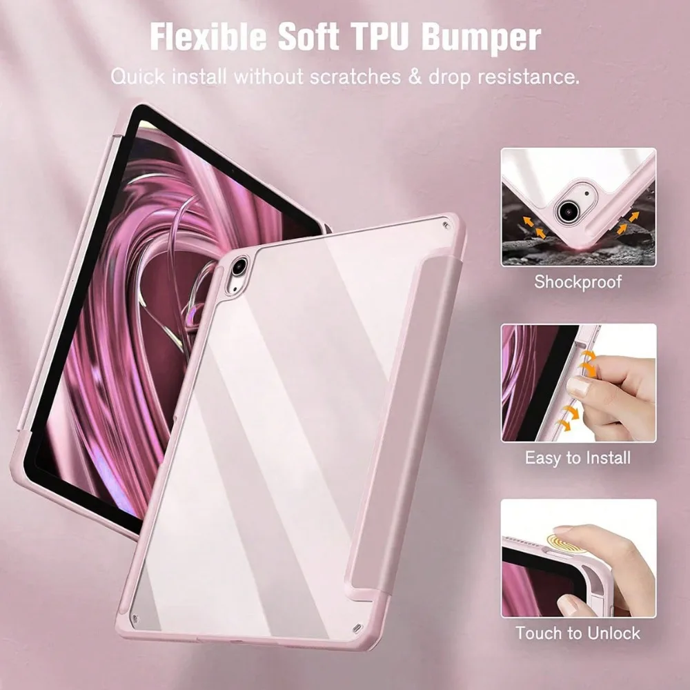 

For iPad 10th Gen Case with Pen Holder Trifold Acrylic Clear Back Hard Cover For Ipad 10.2 7th 8th 9th Pro 11 12.9 2018-2022