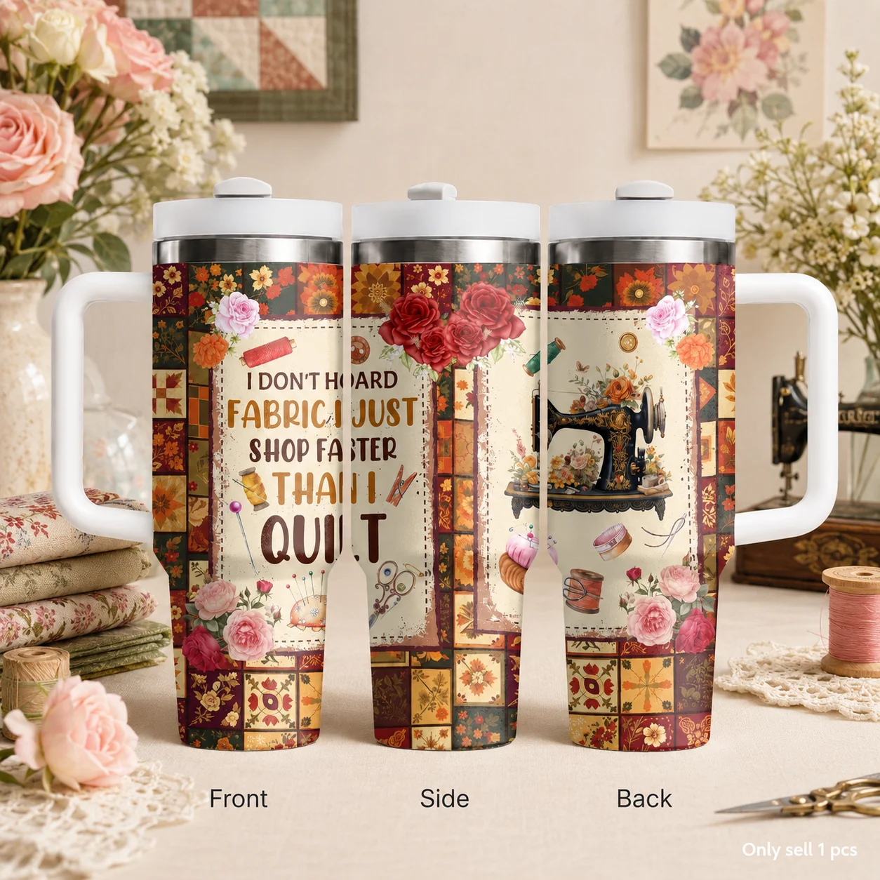 Fabric Hoarder Quilter Sewing Vacuum Flasks 40oz Stainless Steel Insulated Tumbler With Handle & Straw Leakproof Travel Mug