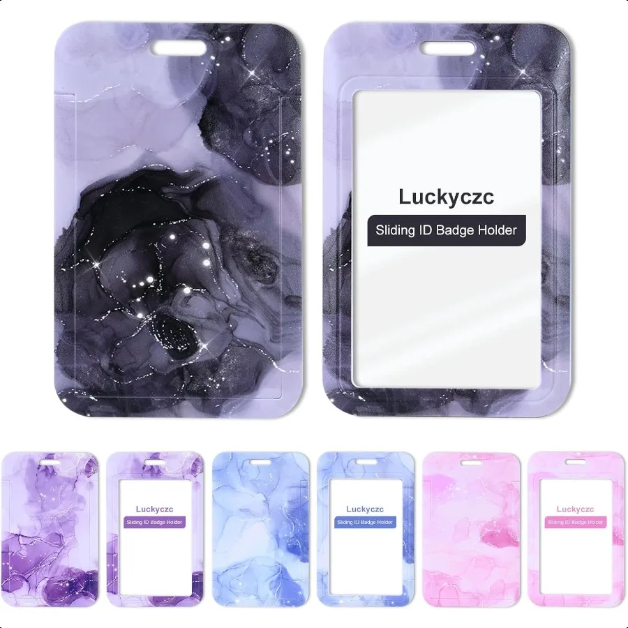 

2 Pcs Vertical ID Badge Holder Sliding Hard Plastic Card Protector for Office School Credit Cards imity Key Passes Black Marbl