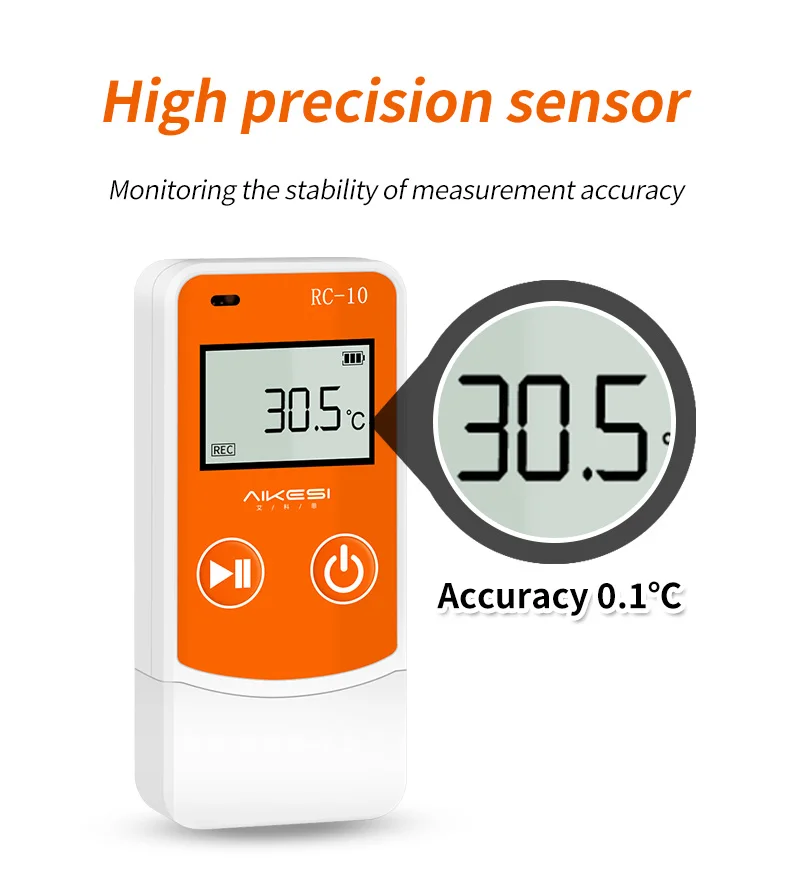 Aikesi RC-10 LCD Data Logger Multi Reusable  USB PDF Report Temperature  Data Logger CE FCC ROHS for Cold Chain
