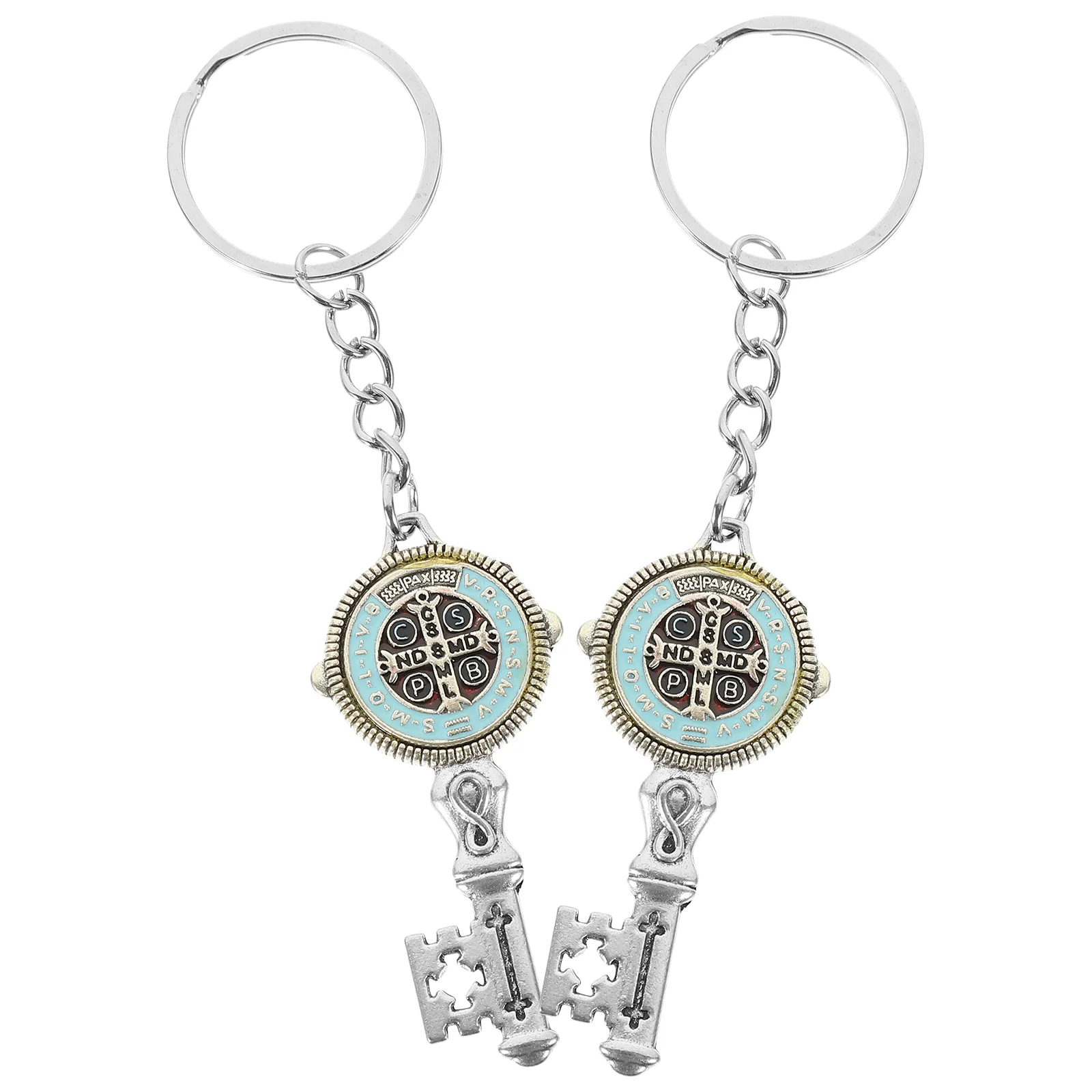 2 Pcs Gift Saint Benedict Keychain Rings Islamic Metal Christian Cross Backpack Charm