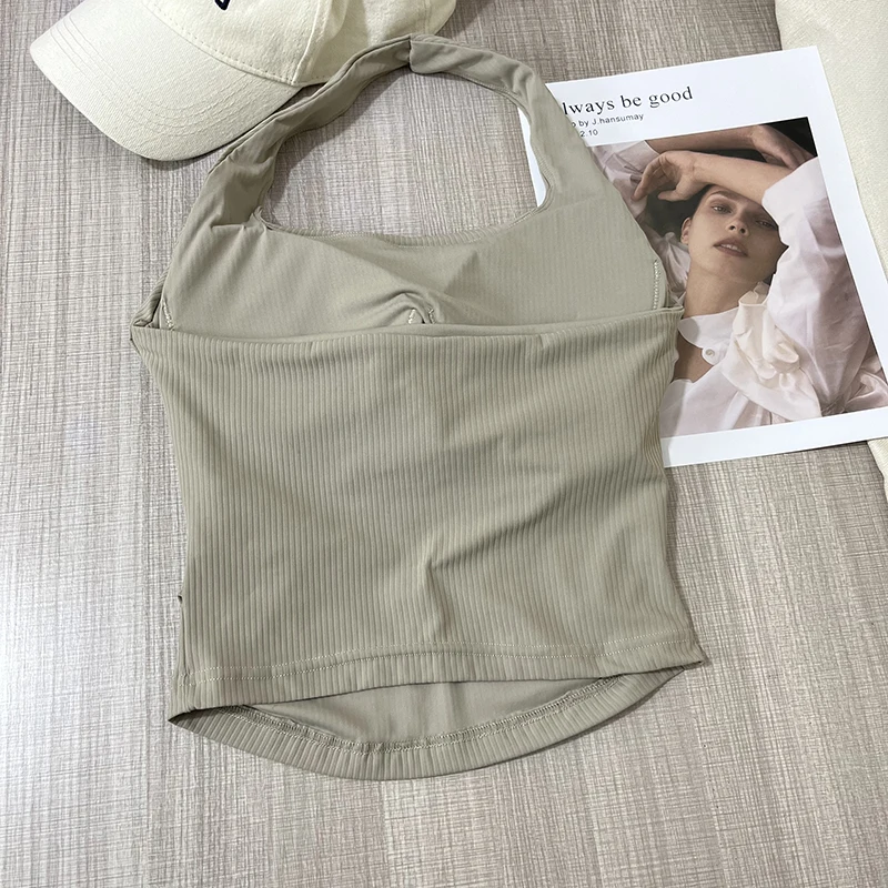 Nahtloses Damen-Sporttop mit Neckholder-Ausschnitt, einteiliger Beauty-Back-Sport-BH, kleiner Träger-BH, Yoga-Oberteil mit Brustpolster – Detail 12