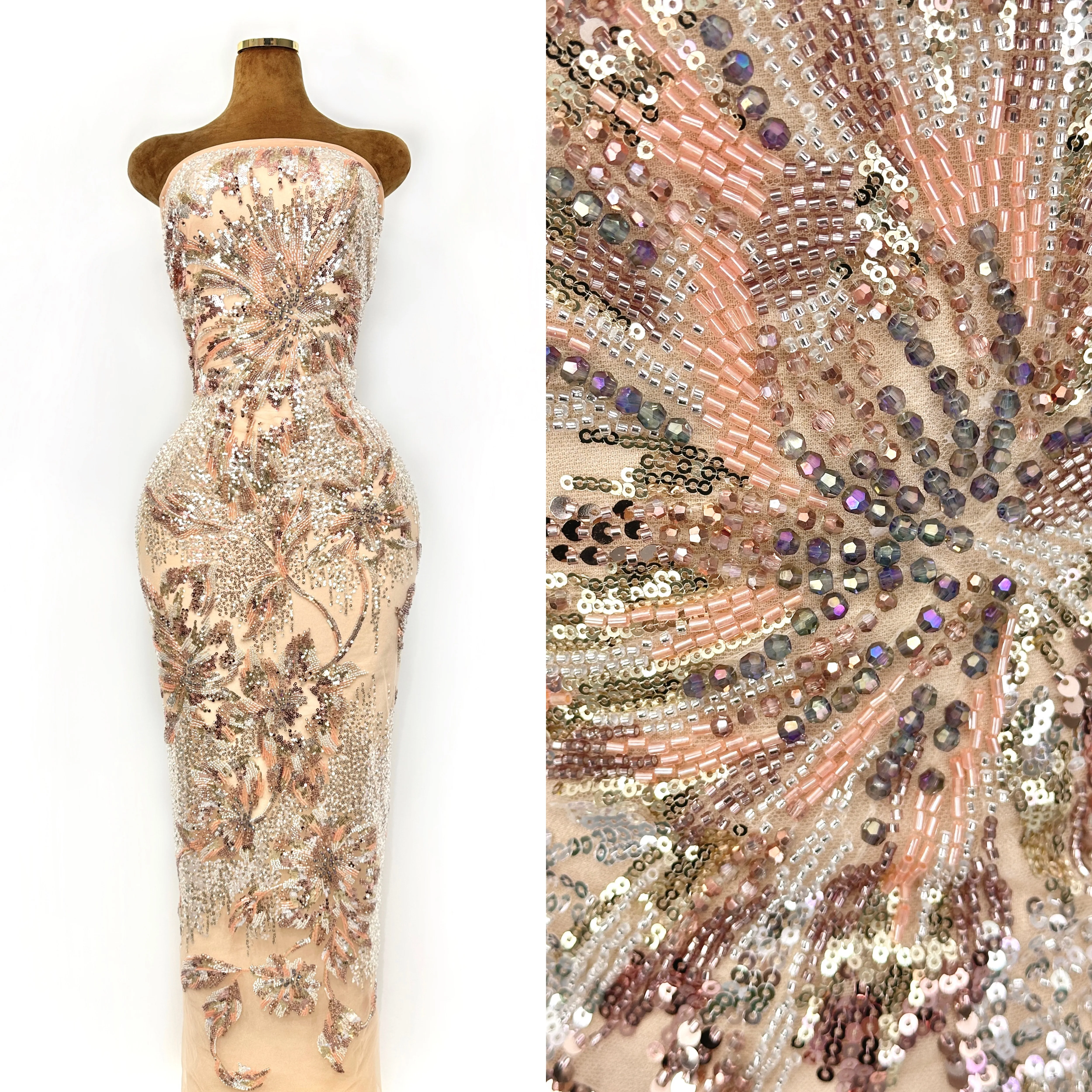 

Luxury Sequined Beaded Mesh for Wedding Gown Premium Bright Nigerian Lace Fabric Heavy Sequins French African Beaded Lace