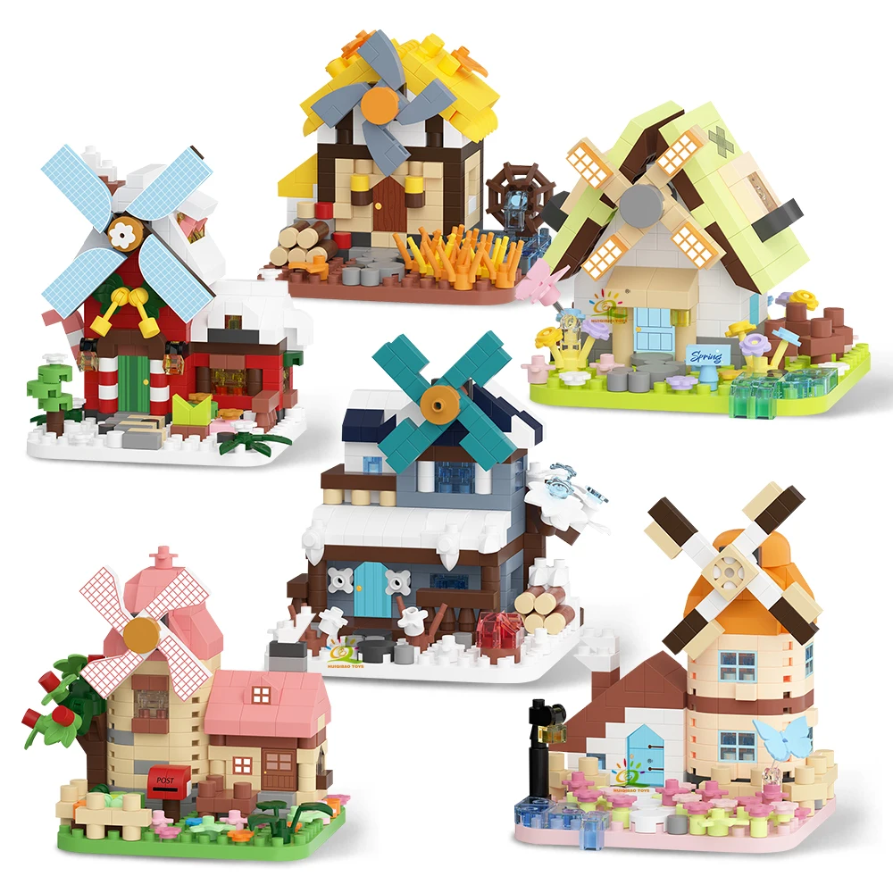 

HUIQIBAO милая модель дома с ветряной мельницей MOC, микро строительный блок, модель с видом на улицу, мини-кирпичная игрушка для детей, украшение для стола, дома