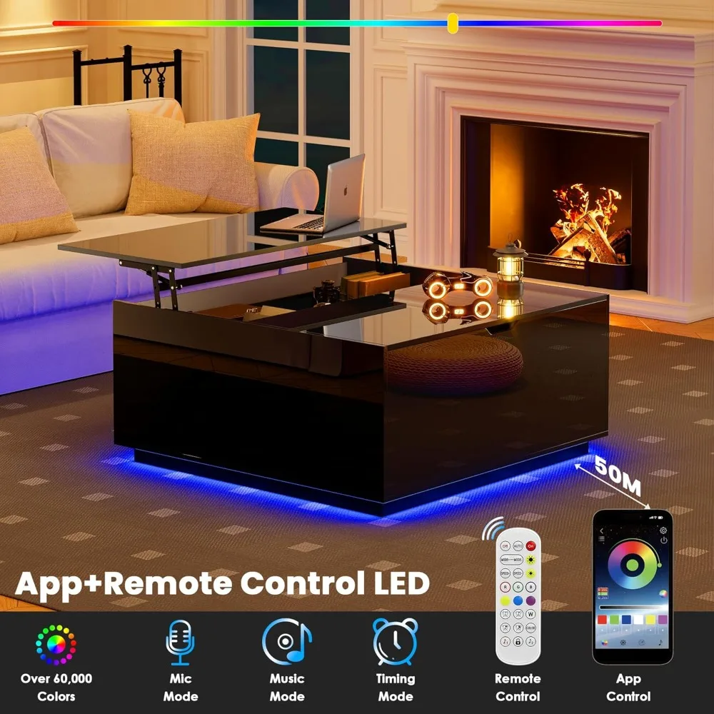 収納付き光沢のあるコーヒーテーブル、LEDとフリップリッド付きの黒い正方形リフトトップコーヒーテーブル、リビ用の小型モダンコーヒーテーブル