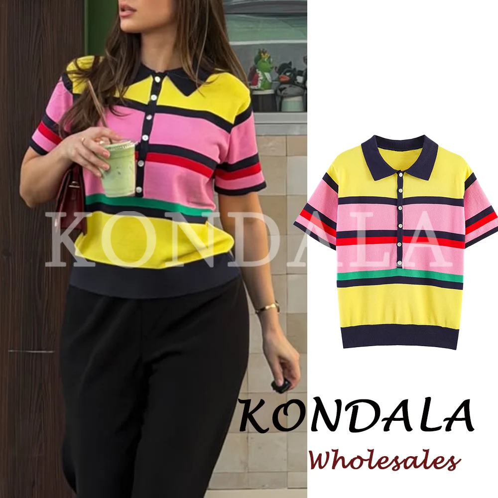 KONDALA Chic Summer Modern Striped Women Knitwear Streetwear Y2K Fashion 2026 POLO Shirt Turn-down Collar Female Casual Sweaters