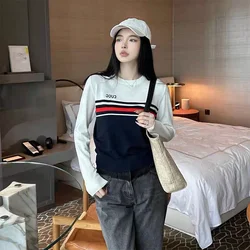 Women Clothing Chic Striped Knitted Pullover Autumn New Fashion Vintage O-neck Sweaters Daily Casual Loose Letter Embroidery Top