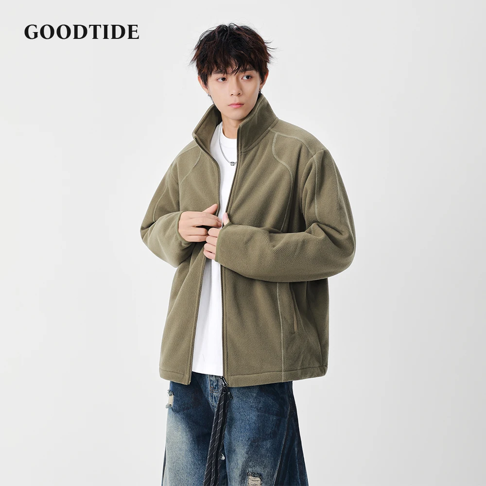

2025 Winter New Fashion Men's Casual Zip Up Fleece Jacket Stand Collar Loose Fit Design Warm Men Pullover Daily Wear Top