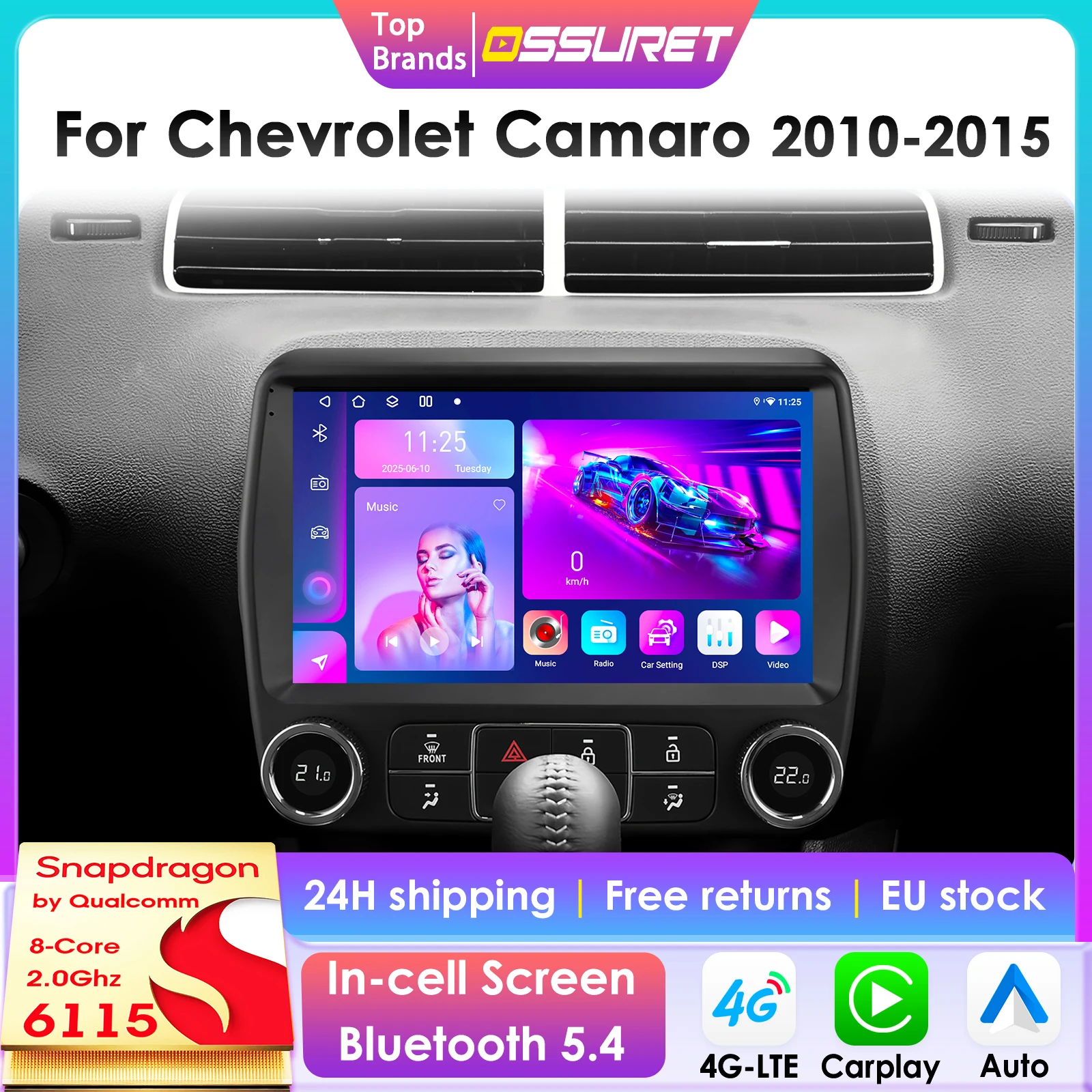 360-Grad-Kamera 8G+128G Android14 Autoradio für Chevrolet Camaro 2010-2015 Auto-Multimedia-Player CarPlay Android Auto 2Din Stereo 6115
