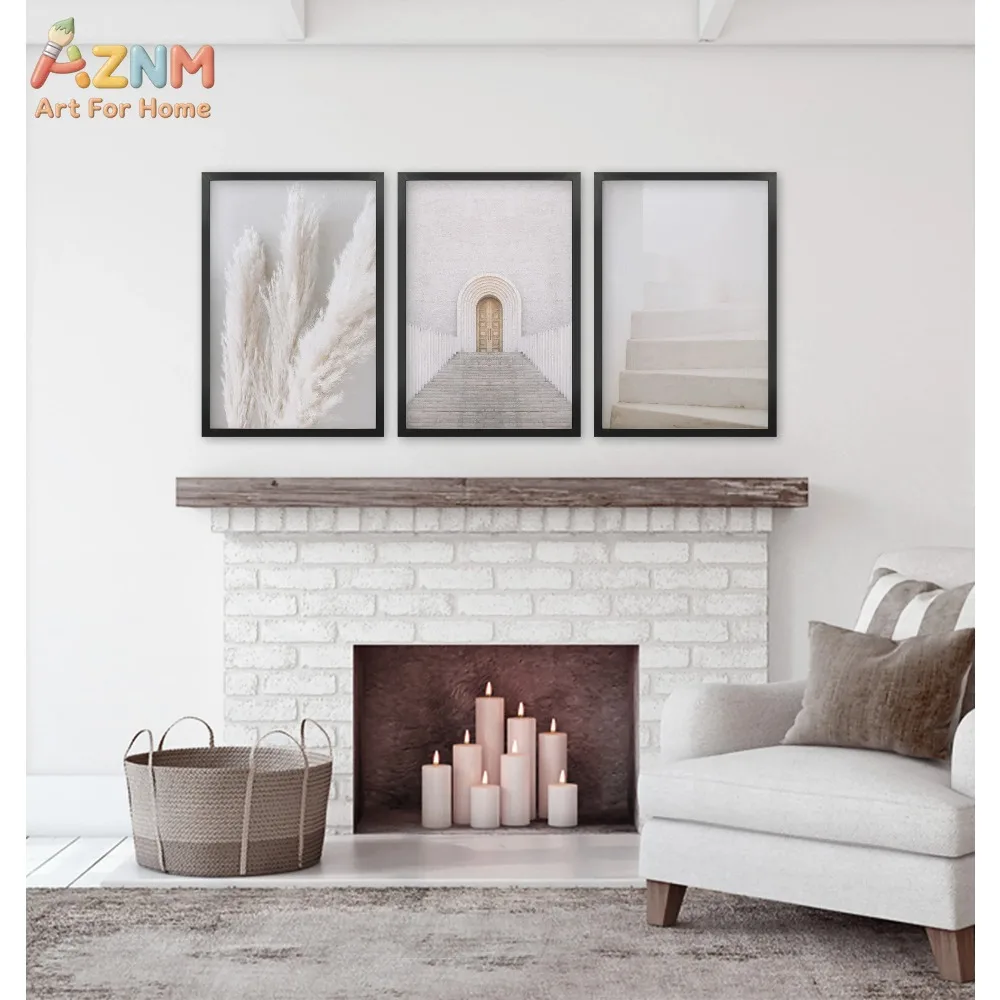 AZNM 3Pcs Neutral Boho Canvas Wall Art, Pampas Grass Arch Architecture Stair Print Frameless Canvas Painting, Minimalist