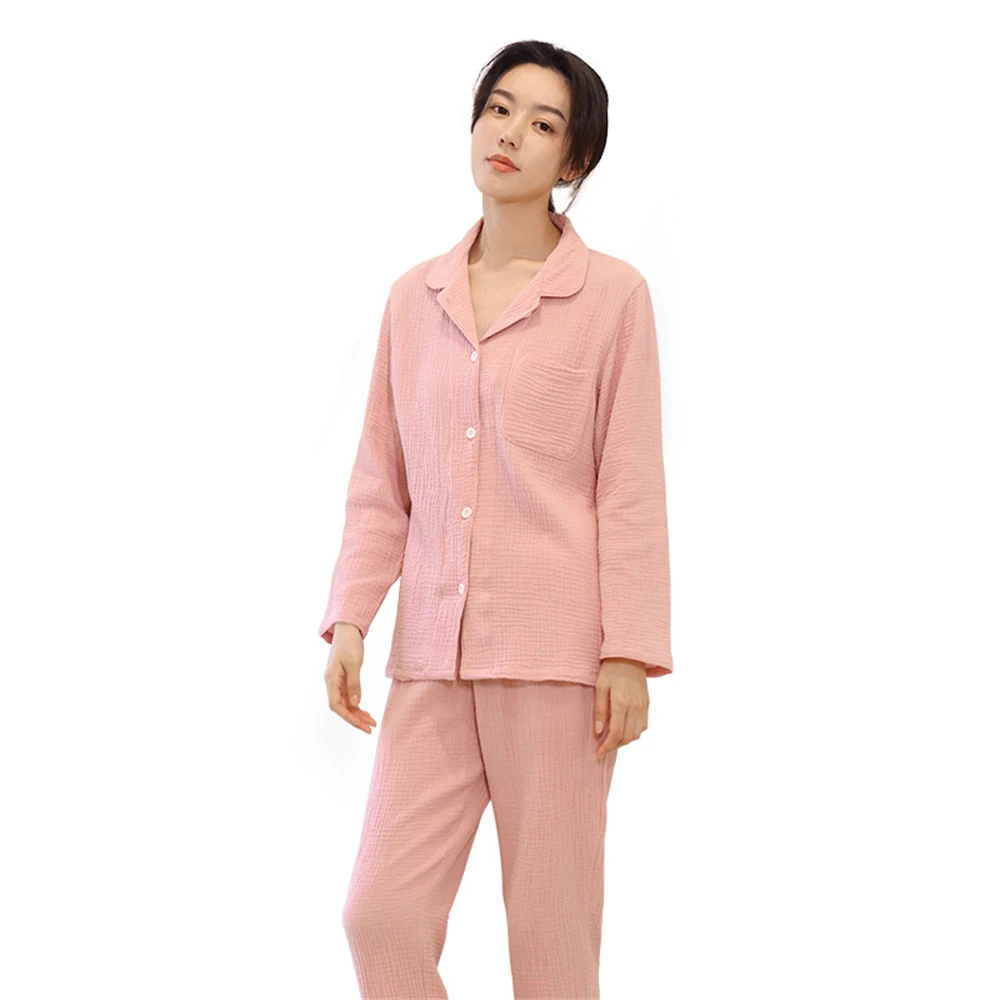Women's Spring Autumn Cotton Crepe Long-sleeved Pajamas Ladies New Two-piece Sleepwear Suit Long Loose Casual Thin Homewear Set