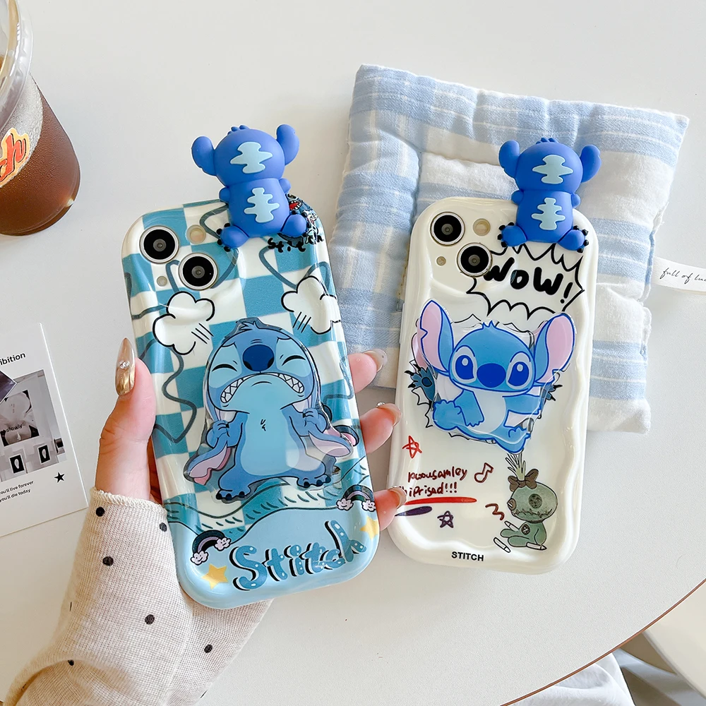 Cute Stitch Head Grip Tok Holder Wave Soft Phone Case for Samsung Galaxy A55 A35 A25 A15 A05S A14 A24 A34 A54 A13 A23 A52 A53