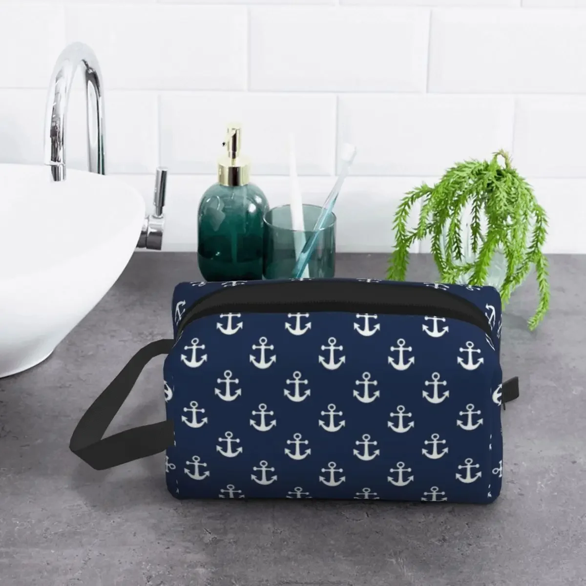 Travel Navy Blue Nautical Anchor Toiletry Bag Cute Cosmetic Makeup Organizer Women Beauty Storage Dopp Kit Box