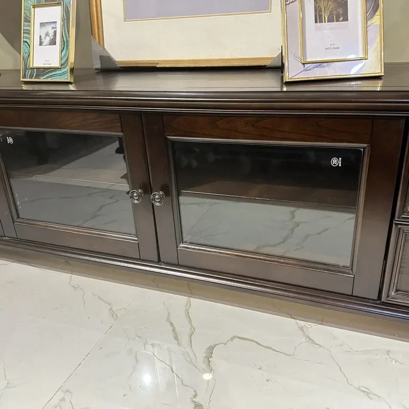American Country Style White Wax Wood TV Cabinet and Coffee Table Combination Solid Wood Black Walnut Finish Living Room