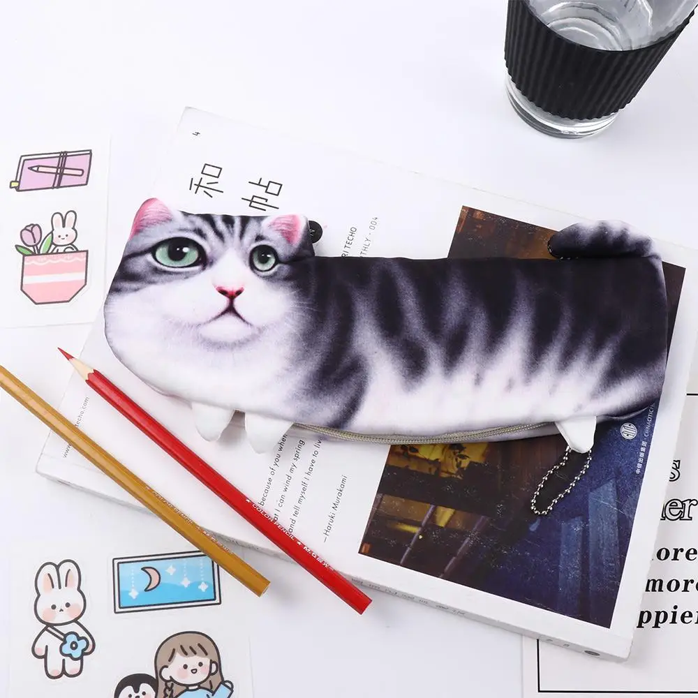 Kids Boy Soft Cloth School Supplies Pencil Box Stationery Pen Bag Storage Organizer Pencil Case Simulation Cartoon Cat