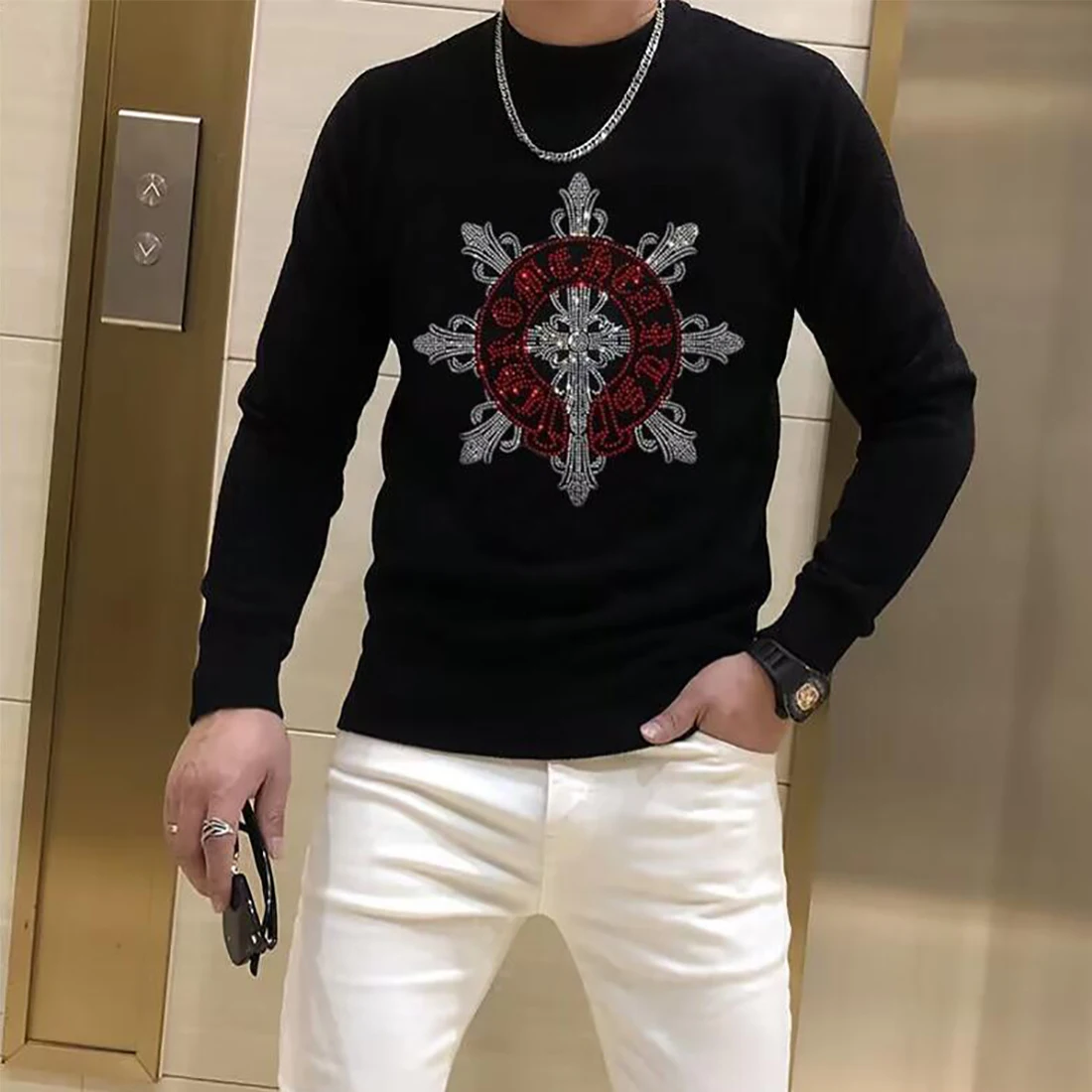 Men\'s Sweater Hip-hop Stylish Rhinestone Trendy Tops Designer Skull Streetwear Male Pullover Comfortable High-quality Clothing