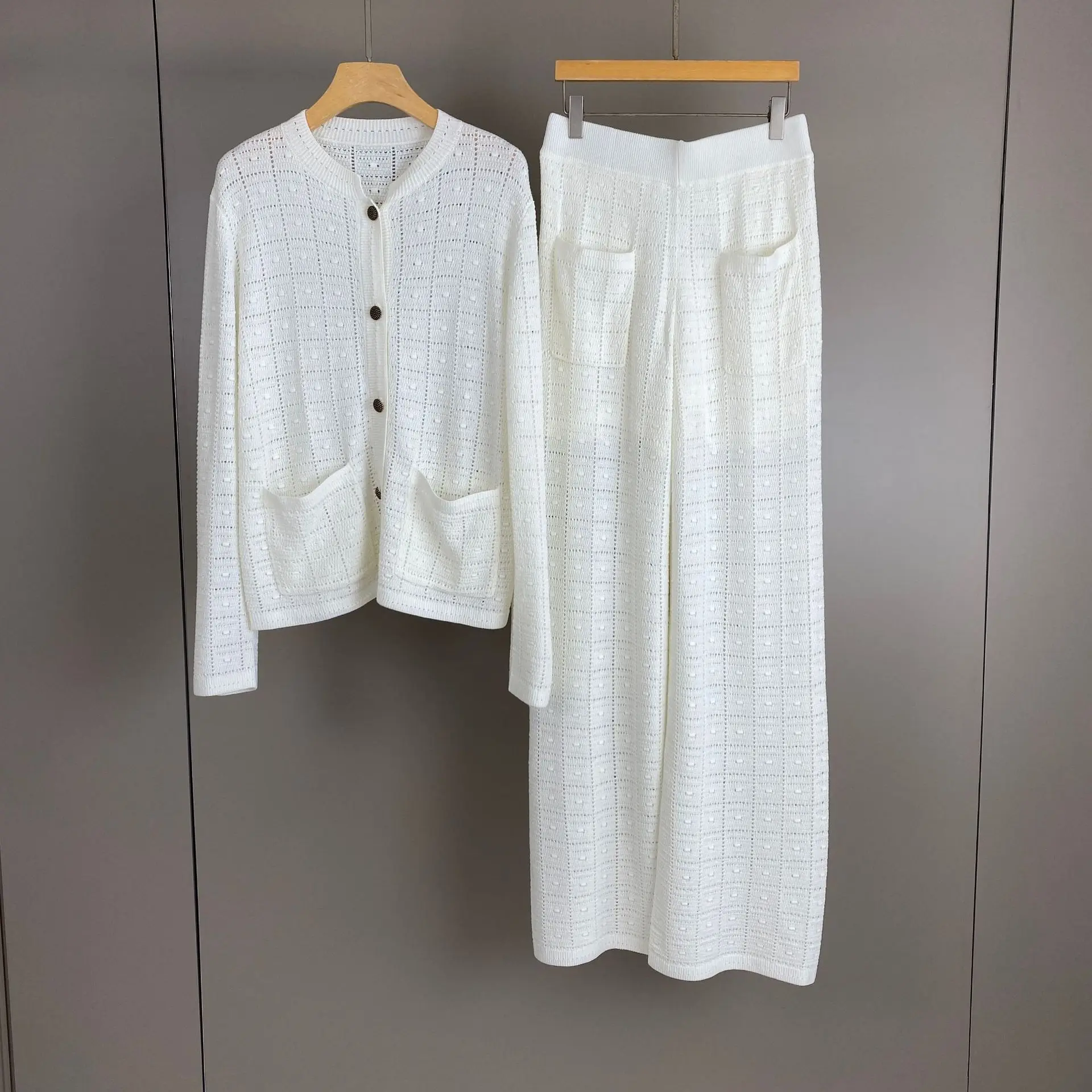 2026 Autumn Winter New Women's Linen Round Neck Hollow Knitted Cardigan With Elastic Waist Straight Leg Pants Two-piece Set