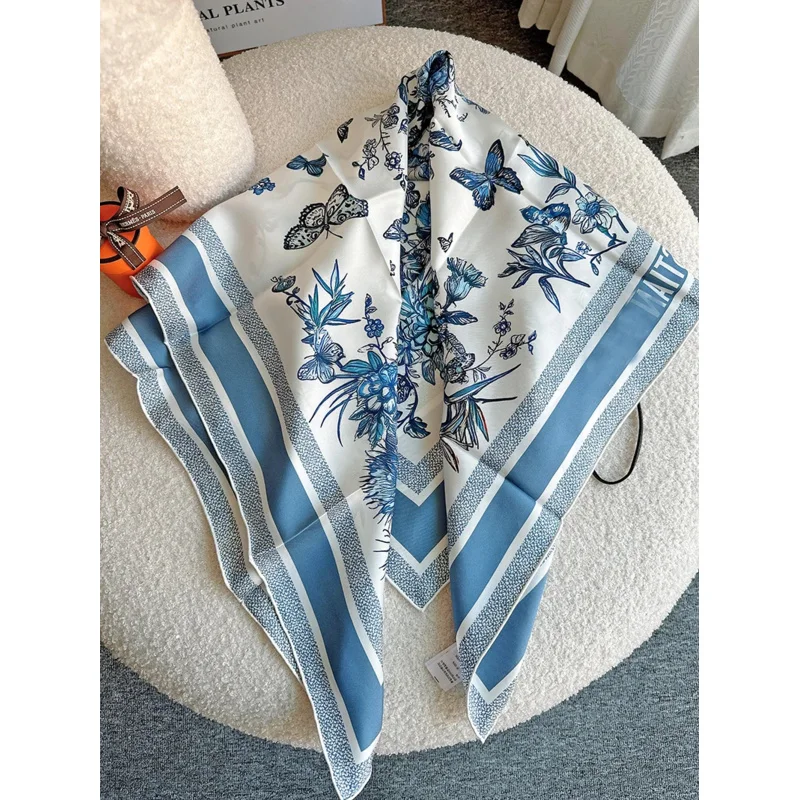 Scarf Blue Printed Silk Butterfly Scarf Head Scarf 90 Square Silk Scarves 100 Pareos Luxury Brand 2024 Neck Tape Hair Tie Wrap