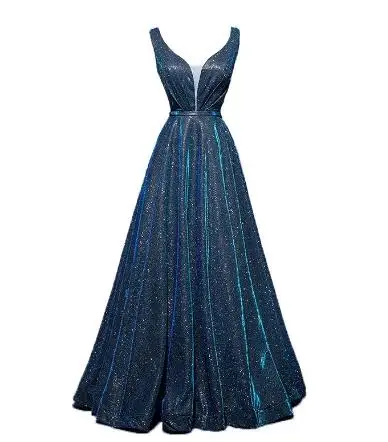 New Starry Peacock Blue Prom Dresses A-Line V Neck Sequins Sleeveless Long Tulle Formal Banquet Annual Meeting Evening Gown 2021