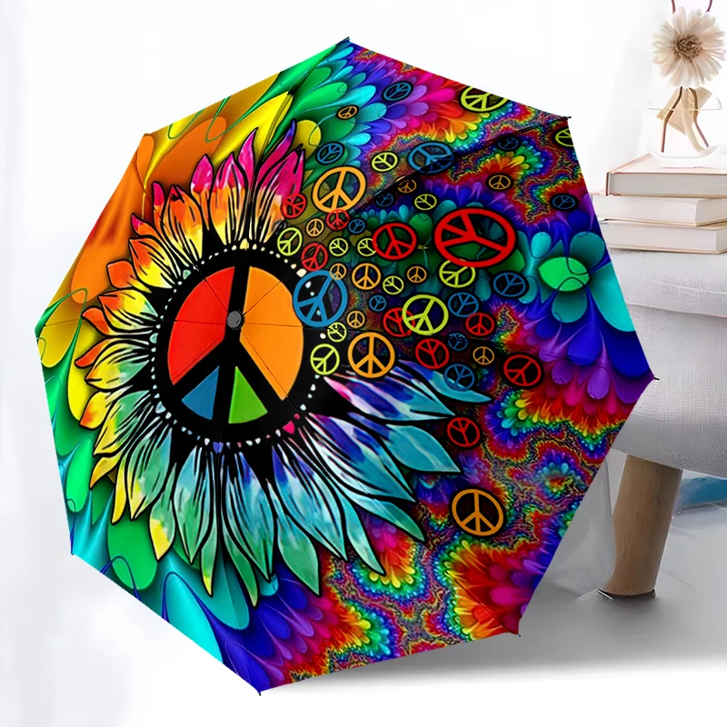 Hippie Peace Symbol Umbrella Automatic Open/close, Sturdy Iron Frame & 8-Rib Structure, Umbrella for Women & Men, Christmas Gift