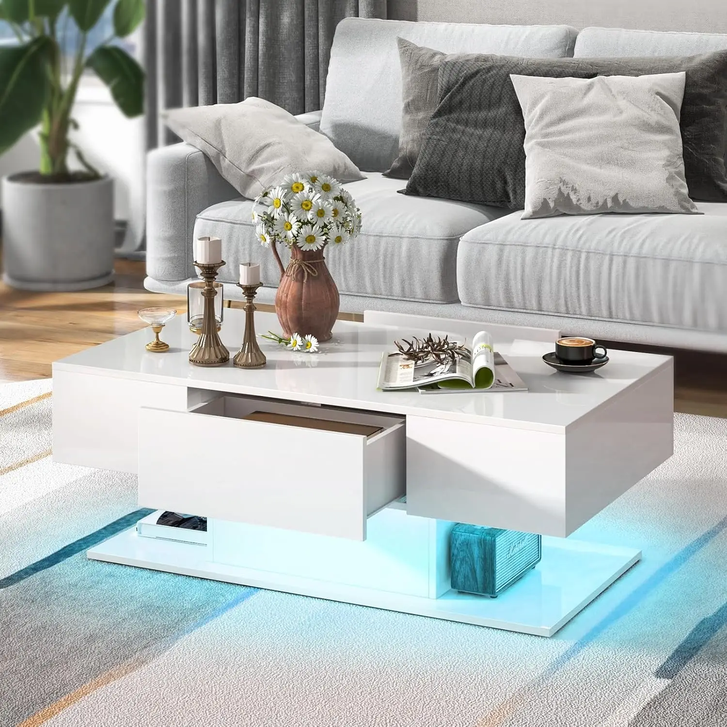 طاولة قهوة LED مع درجين، طاولة مركزية حديثة لامعة للغاية، مصابيح LED قابلة للتعتيم بـ 20 لونًا وجهاز تحكم عن بعد