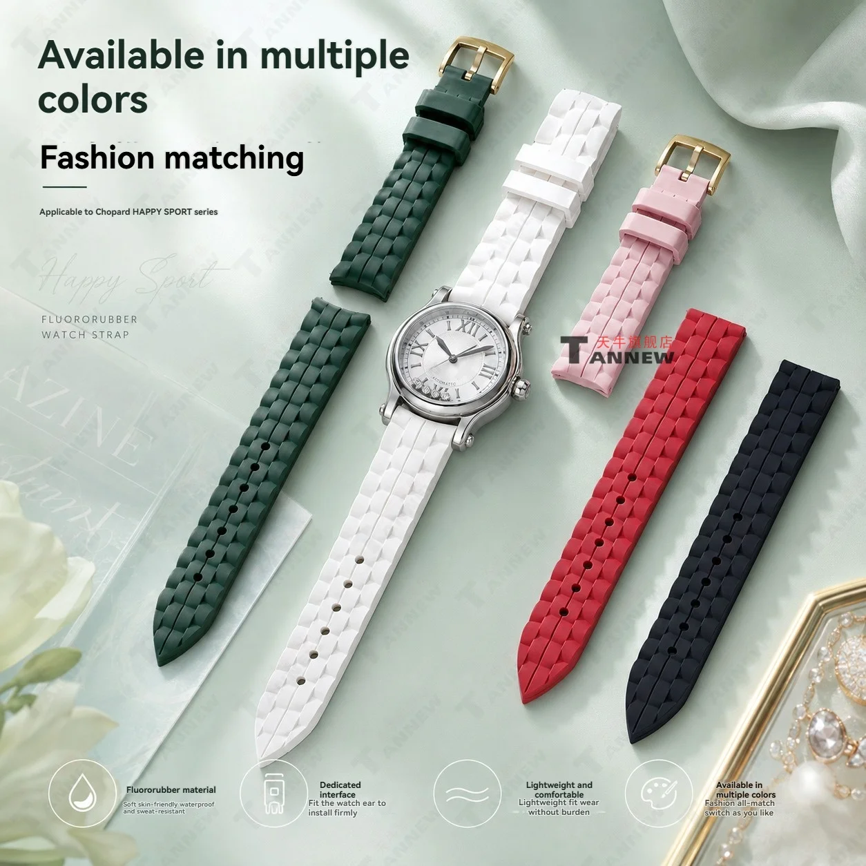 Compatible with Chopard Happy Sport Waterproof Rubber Strap, 15mm 18mm Fluoroelastomer Replacement Band for Happy Diamonds