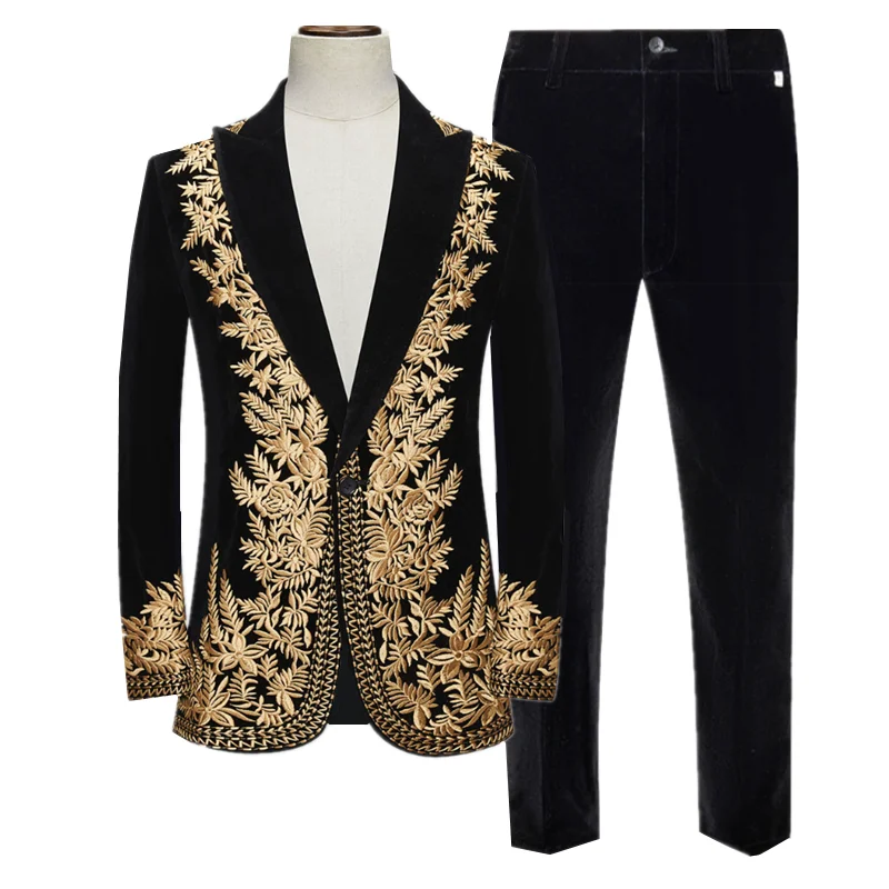Hoge kwaliteit heren zwart fluwelen pakken goud groen blauw mode mannelijke bruiloft banket prom feestjurk geborduurde blazer en broek