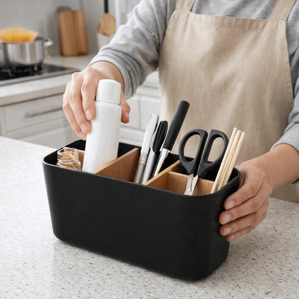 

5-Slot Desktop Storage Box Save Space Detachable Toothbrush Holder Bamboo Divider Plastic Bathroom Organizer Office