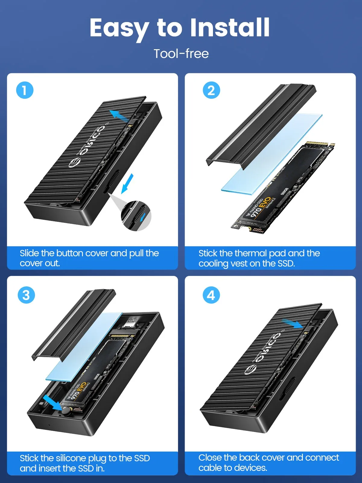 ORICO M.2 NVMe SSD Enclosure Container Design 10Gbps M2 SATA SSD Case USB3.1 Gen2 Type-C Output for Laptop Computer Accessories