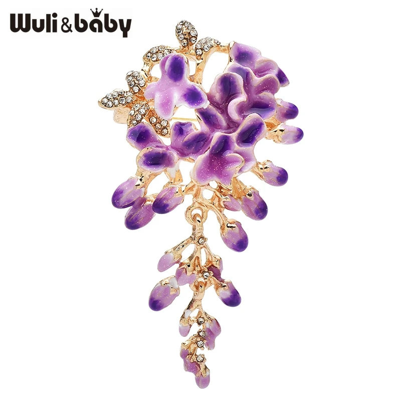 Wuli & baby hermosos broches de flores de glicina para mujer Unisex esmalte púrpura flores Lila plantas fiesta broche de oficina alfileres regalos