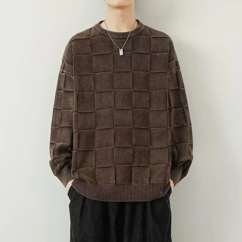 

Men's round Ne Knitted Sweater Casual Woolen irt Korean Faion Ch id Pattern Loose Fit Long Sve Autumn Wear