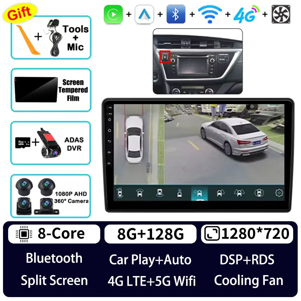Android 15 Carplay voor Toyota Auris 2013 2014 2015 2016 Corolla E160 E170 LHD 360 camera 5G WIFI autoradio BT videospeler QLED